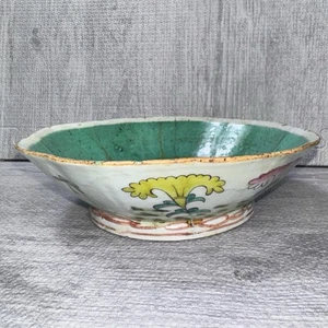 Antique Chinese Crude Tongzhi Octagonal Bowl Hand Painted Porcelain Floral Green - Picture 1 of 15