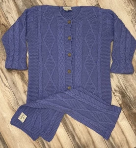 Connemara Knitwear Womens Medium Merino Wool Purple Cardigan Sweater w/ Scarf - Picture 1 of 24
