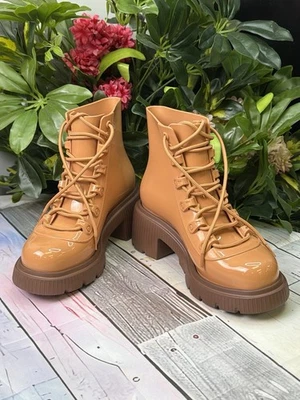 Melissa Chunky Platform Boots Size 6 USA Tan Glossy PVC Vegan Lace Up Brazil - Image 1 of 4