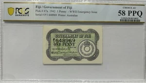 Fiji 1942, 1 Penny, Pick 47a, PCGS 58 PPQ, Choice AUnc WW11 Emergency Issue - Picture 1 of 2