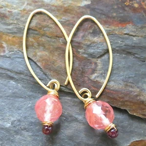 Pink Rose Quartz Garnet Wire Wrap Gemstone Dangle Hoop Hook Earrings Gold - Picture 1 of 5