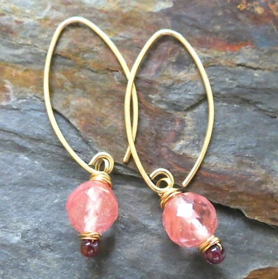 Pink Rose Quartz Garnet Wire Wrap Gemstone Dangle Hoop Hook Earrings Gold - Image 1 of 4