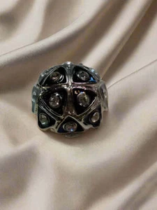 1 silver & black 1980s metal & rhinestone button | shank style | size 15/0.37" - Picture 1 of 4