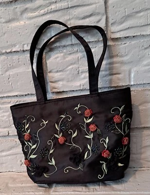 Valerie Stevens Black Purse Double Straps Embroidered Red Roses Green Leaves - Image 1 of 4