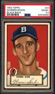 1952 Topps #33 Warren Spahn HOF PSA 2.5 - CENTERED J&J Black Back - Picture 1 of 2