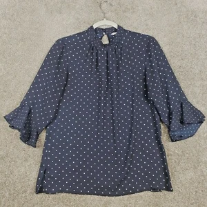 H&M Blue Polka Dot Bell Sleeve Blouse Size 8 Womens Key Hole Sheer Tunic Top  - Picture 1 of 10