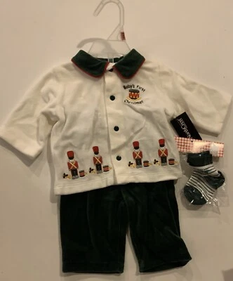 圣诞节 3 件套假日衬衫、裤子和袜子套装 0-3 Mo 婴儿婴儿鼓手男孩 — 第 1/4 张图片