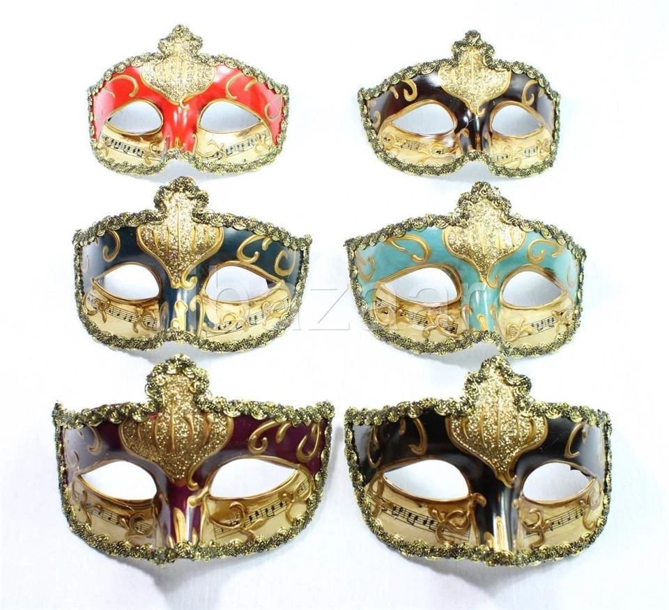 6 x Venetian Style Masquerade Party Mask (Green, Brown, Black, Red, Burgundy) - Image 1 of 1