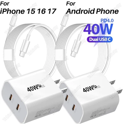 USB C PD 40W Power Adapter Fast Charger Cable For iPhone Air 15 16 17Pro Samsung - Image 1 of 4