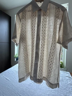 Tulliano Embroidered Dress Shirt 100% Linen Beige Sz L Guayabera-Like Style - Image 1 of 4