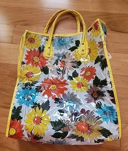 Retro Tote Bag Clear Vinyl Plastic Daisies Flower Power 14"x12.5" Hip Boho - Picture 1 of 9