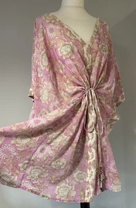 East Anokhi Artisan Pink Silver Hand Block Gathered Kimono Kaftan Dress M / L - Picture 1 of 20