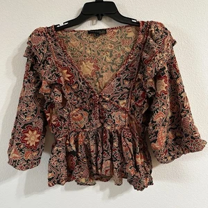 House Of Harlow 1960 Nicole Richie Smocked Top Women's S Black Red Floral V-Neck - Picture 1 of 7
