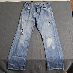 American Eagle 32/34 Distressed Button Fly Stonewash Straight Relaxed Blue Jeans - Picture 1 of 15