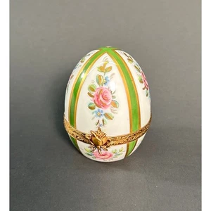 Limoges Egg-shaped Porcelain Trinket Box - French Rose, hand-enhanced floral - Picture 1 of 4