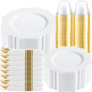 350PCS Gold Plastic Dinnerware Set - Gold Plastic Plates Disposable Serves 50 - Picture 1 of 5