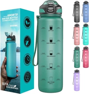 Taspire 1L dunkelgrüne zeitmarkierte Trinkflasche mit Strohhalm, auslaufsicher BPA-frei Tr - Bild 1 von 7