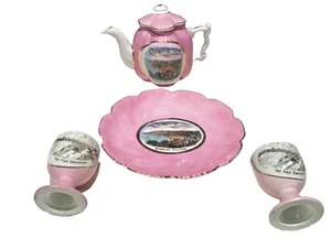 Mumbles Village Wales Souvenir Porcelain Teapot Egg Cups Plate Austria 1910 VTG - Picture 1 of 8