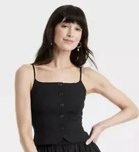 Gilet Cami Donna Un Nuovo Giorno Piccolo Nero Scollo Quadrato Smocked Back Bottone Anteriore Nuovo con etichette - Foto 1 di 6