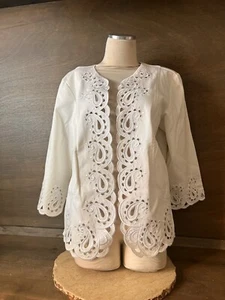 90s Vintage WOMENS IVORY WHITE Jacket Size Large EYELET DESIGN COTTON SPANDEX - Picture 1 of 7