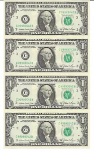 1981A $1 PHILADELPHIA 4 FRNs Uncut Sheet. Crisp & UNCIRCULATED. SCARCE C/B MULES - Picture 1 of 3