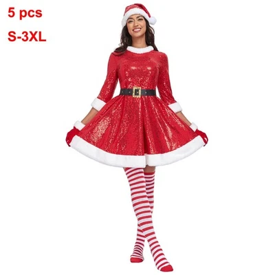 Disfraz de señora Claus para mujer 5 piezas adulto Miss Santa Claus lentejuelas vestido conjunto Foto 1 de 4