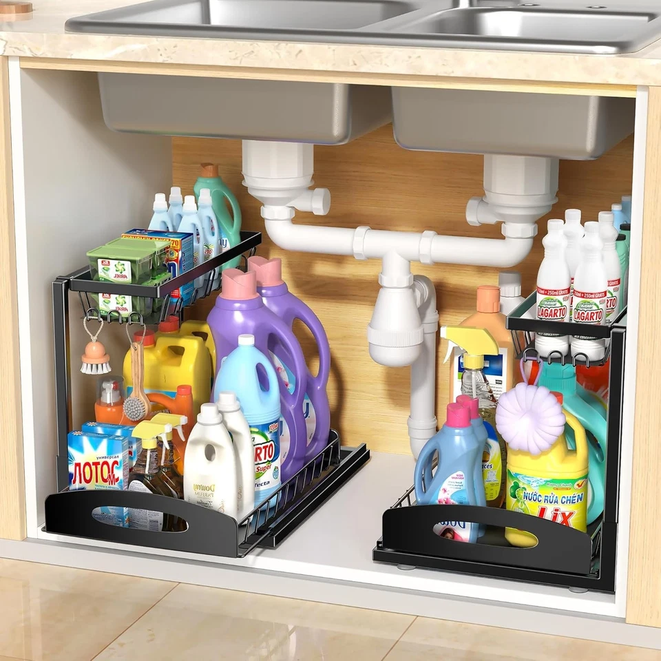 FKPRORJV 2 Under Sink Organizer Bathroom Kitchen Organizers and Storage Black Pull Out