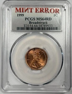 1999 1C MS64RD Lincoln Penny - Broadstruck Mint Error MS-64 RD Red Cent - Picture 1 of 2