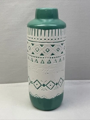 8.5" Two-tone Teal Glaze White Textured Ceramic Bud Flower Vase Farmhouse Boho - Image 1 of 4