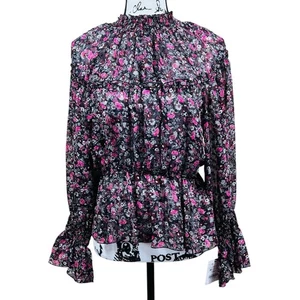 Zara schwarze Bluse Blumen Print Langarm Schößchen Oberteil Boho romantisch Gr. M - Bild 1 von 13