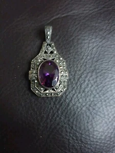 Ciondolo grande grosso argento sterling vintage pietra viola e marcasite - Foto 1 di 16