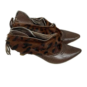 Irregular Choice Leopard Print Leather Fur Bootie Size 36 Brown Tie Up Pointed - Picture 1 of 10