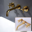 Brushed Gold 2 Cross Handle Wall Mount Shower Basin Sink Mixer Tap Faucet