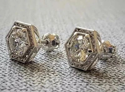 Art Deco Style Round Cut Lab Created Diamond 14k White Gold Finish Stud Earrings - Image 1 of 4