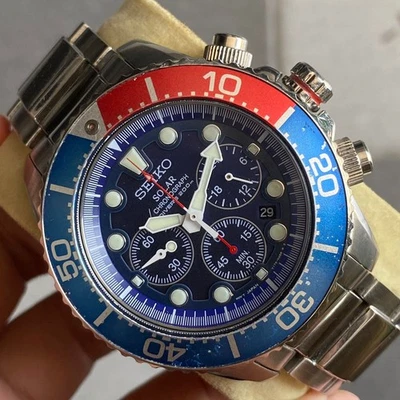 RARE Seiko Solar V175-0AD0 Chronograph Diver Pepsi Bezel Blue Dial Watch Men - Image 1 of 4