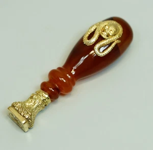 1860's Antique Ormolu Silver Agate Handle Doctor's  Wax Seals Stamp Snake Skull - Picture 1 of 10