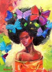 Original Painting Portrait Small Gift Artwork Girl African Female woman Black - Picture 1 of 10