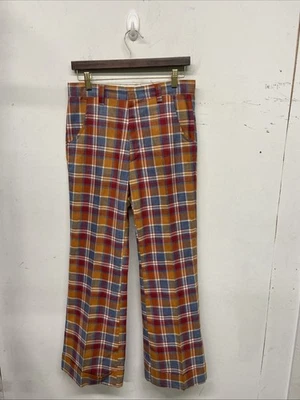 70s Orange Blue Plaid Pants Sz 30  - Image 1 of 4