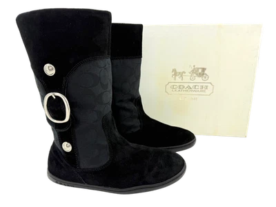 Botas de invierno Coach Meyer negras sobre negras firma logotipo C hebilla gamuza para mujer 7,5 Foto 1 de 4