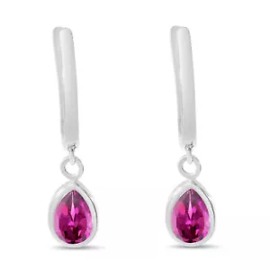 14K White Gold Pear Pink Topaz Dangle Birthstone Huggie Earrings - Picture 1 of 1