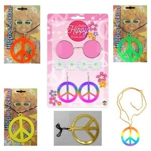 Pink Hippy Fancy Dress 4 Piece Party Costume Set 1970s 1980s Hippie Accessories - Picture 1 of 8
