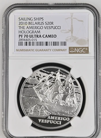 20 ROUBLES 2010 BELARUS AMERIGO VESPUCCI HOLOGRAM SILVER PROOF NGC PF70 Cover