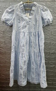 New Crown&Ivy Short Sleeve Yarn Dyed Ruffle Neck Midi Dress Blue/White Sz Medium - Picture 1 of 6