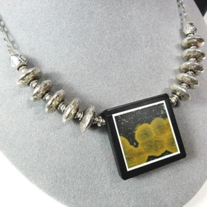All Solid Sterling 925 Silver Artisan Intarsia Mosaic Stone Pendant Necklace 37g - Picture 1 of 7