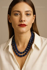 Sterling Silver Natural Lapis lazuli Beaded 2 Layred September Necklace Jewelry - Picture 1 of 10