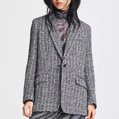 Blazer Rag & Bone Ames Linton preto branco tweed espinha de peixe lã metálica tamanho 2 - Imagem 1 de 4