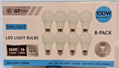 8-Pack 100 Watt Replacement GT-LITE Electric 5000K DAYLIGHT LED 16W E26 Base - Image 1 of 4