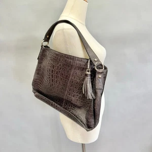 Talbots Bolso de Hombro Marrón Cocodrilo Repujado 100% Cuero Mediano Borla Acento - Imagen 1 de 18