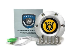 Steering Wheel Horn Button, 6-Bolt Brushed with Yellow Hot Rod V8 Emblem - Picture 1 of 6
