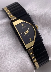 Vintage Ladies Black & Gold Tone Half Moon Watch Dainty Classy Elegant New Batt - Picture 1 of 8